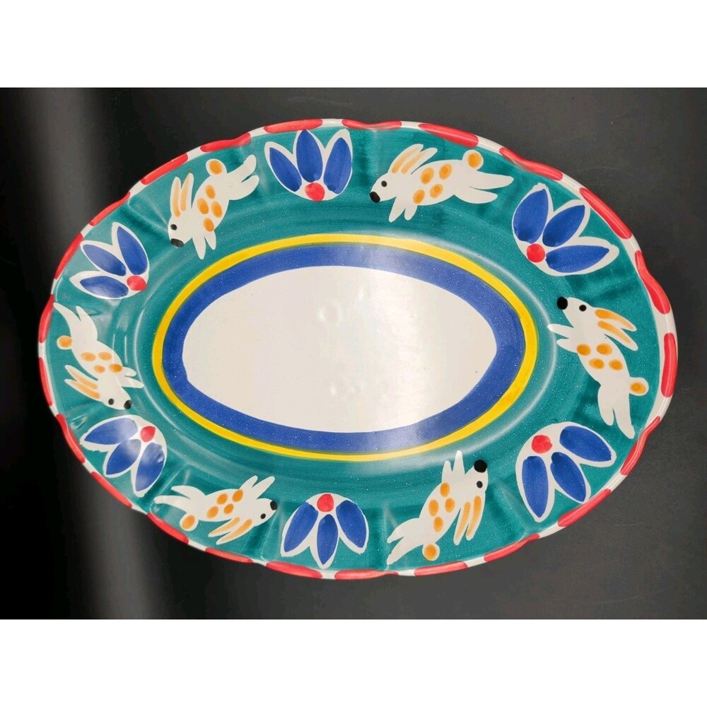 Pottery Barn Garden Animal 17" Oval Serving Platter Bunny Rabbit Teal Scalloped